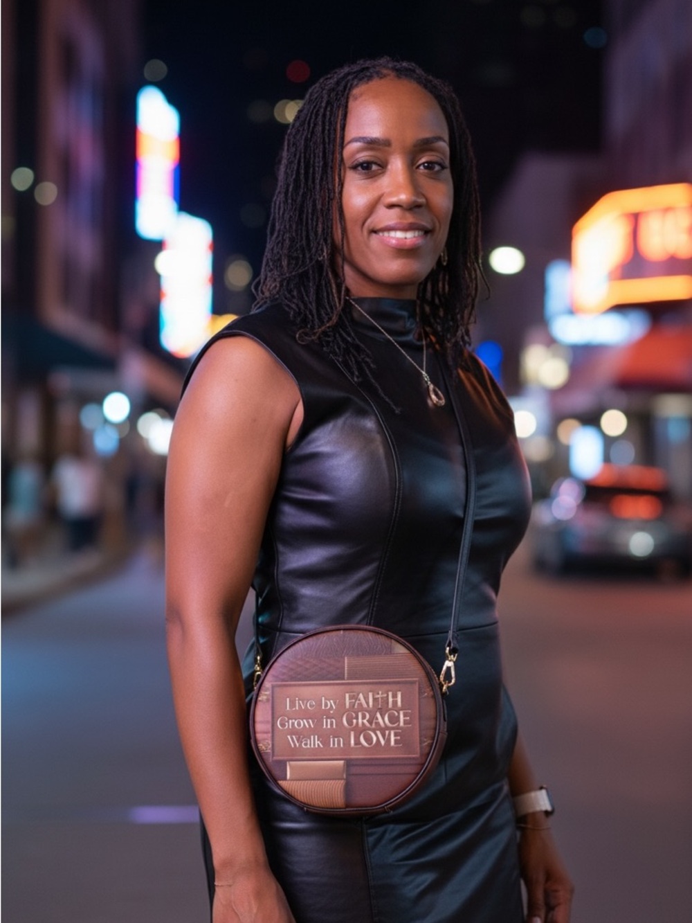 Afroyla “Eliora” Faith & Grace Round Crossbody Bag in Brown - Picture 2 of 4